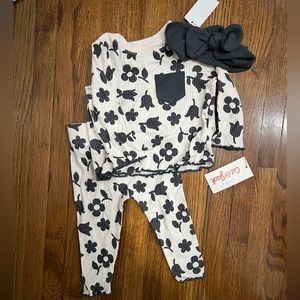 Baby Girls' 3pc Floral Ribbed Top & Bottom Set with Headband 3-6m